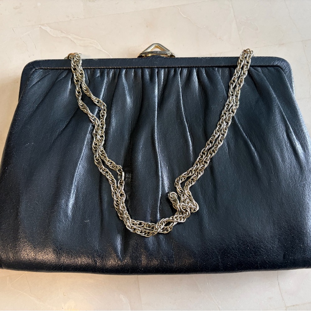 Mardane USA | Vintage.  Black Leather Clutch | Purse With Chain